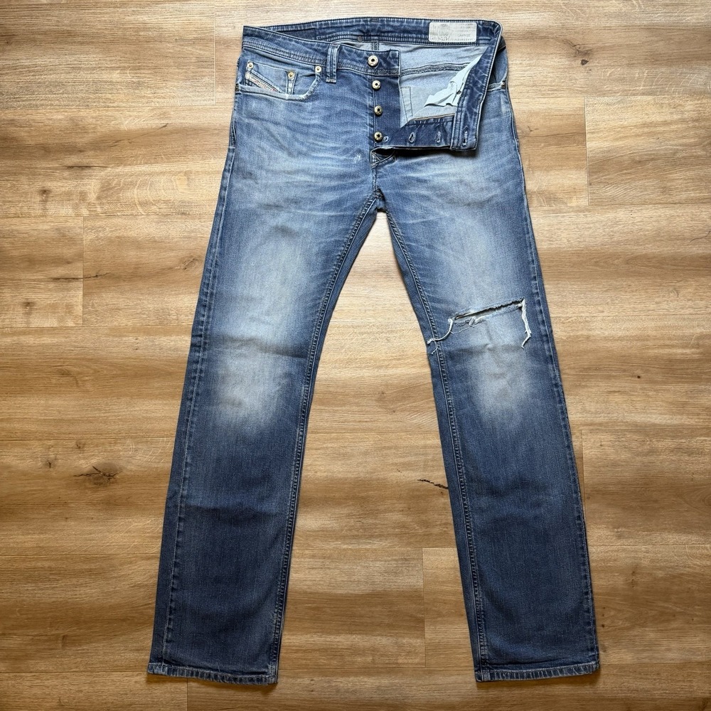 Diesel Larkee Jeans Men 31x32 Blue Straight Leg Stretch Contrast Thrashed 0853R